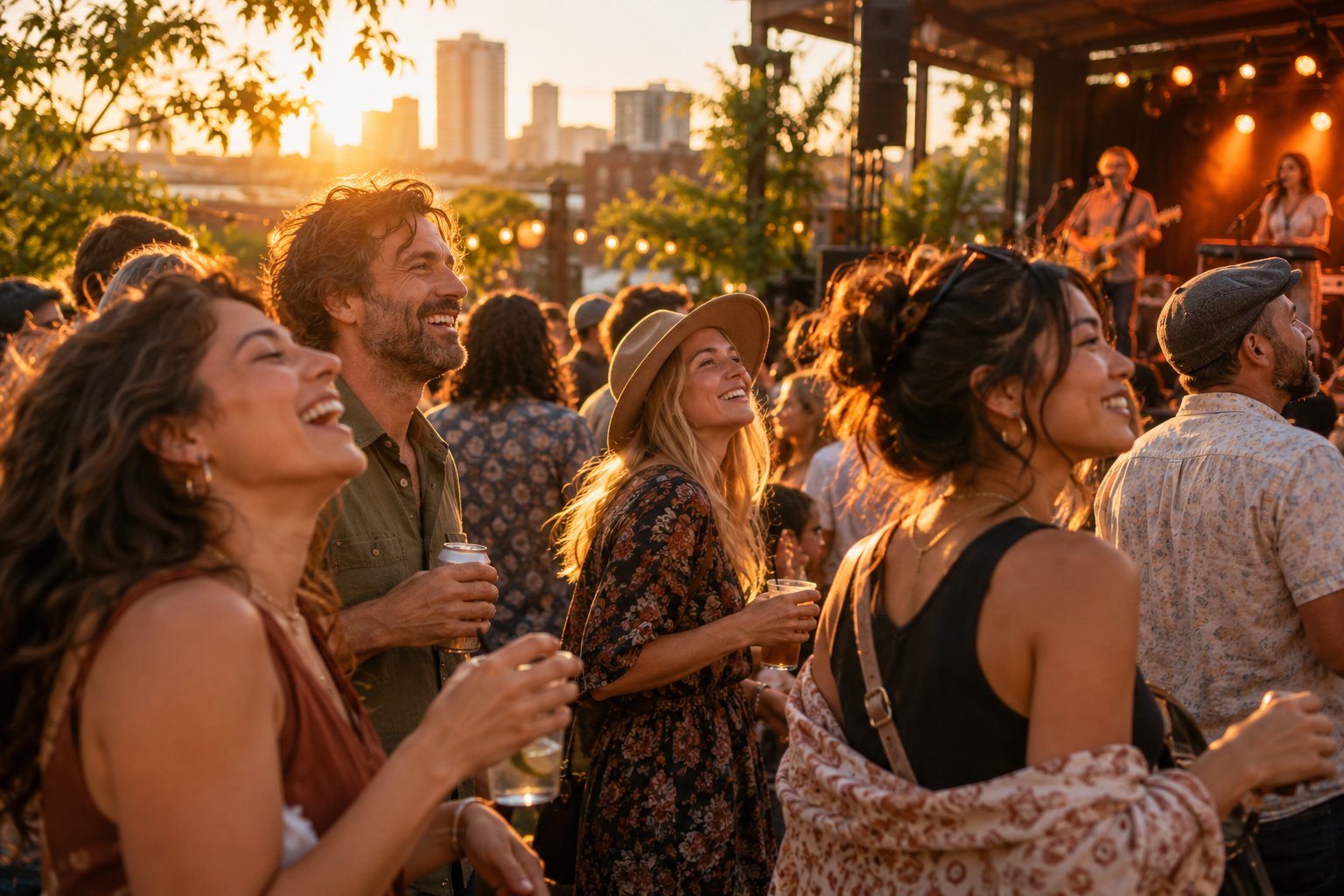Friends sharing a joyful evening of live music in the warm light of an outdoor venue